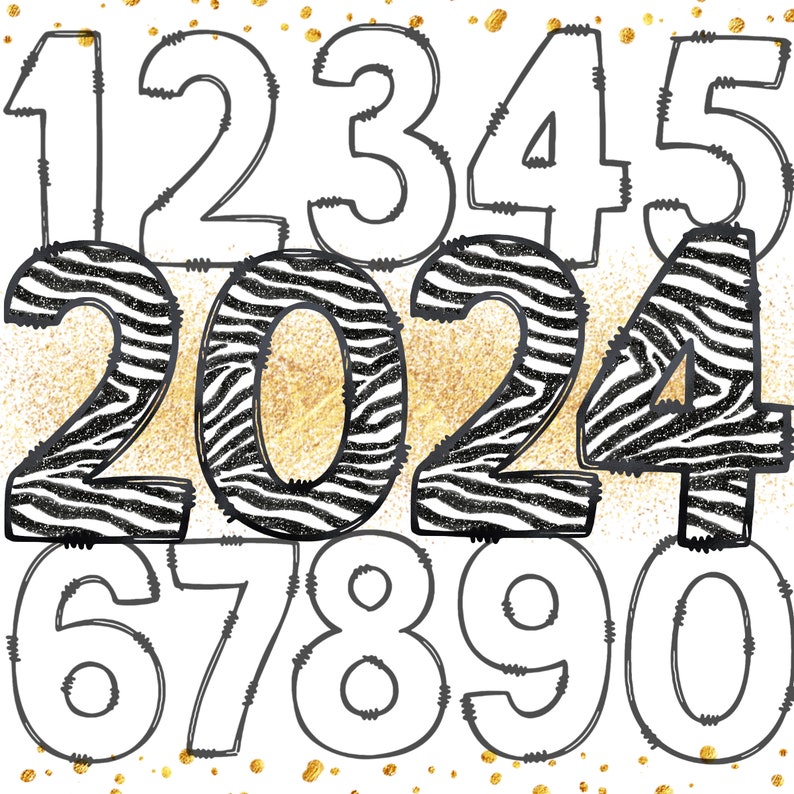 May include: Black and white zebra print numbers 2024 with white outline numbers 1, 2, 3, 4, 5, 6, 7, 8, 9, and 0 on a white background with gold glitter.