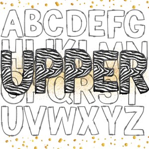 May include: A black and white zebra print design spelling out the word "UPPER" in all capital letters. The letters are outlined in black and set against a white background with gold glitter dots.