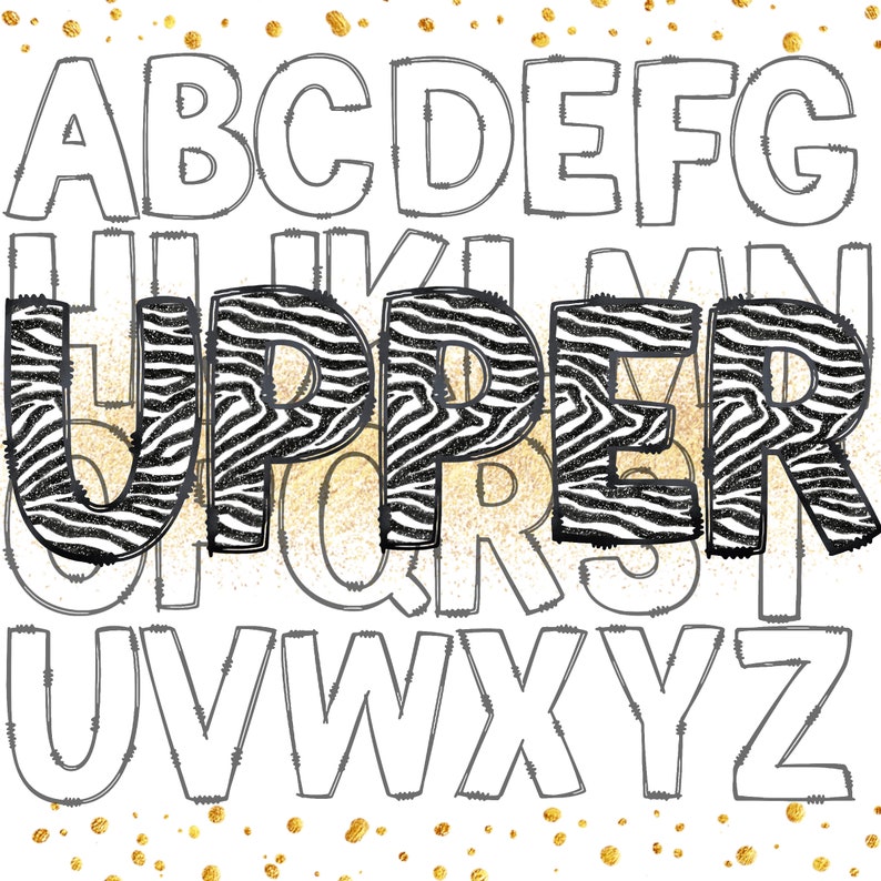 May include: A black and white zebra print design spelling out the word "UPPER" in all capital letters. The letters are outlined in black and set against a white background with gold glitter dots.