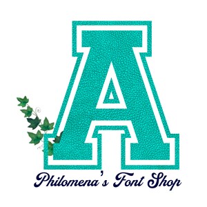 May include: A teal blue letter A with a white outline, in a varsity style font. The letter is on a white background with a green ivy vine in the bottom left corner. The text "Philomena's Font Shop" is below the letter in a navy blue font.