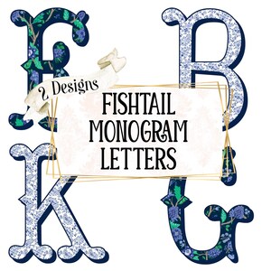 Puede incluir: Dos diseños de letras con estampado azul y blanco en estilo monograma de cola de pez. Las letras son "F", "K", "B" y "G". El texto "2 Designs Fishtail Monogram Letters" está en un marco dorado.