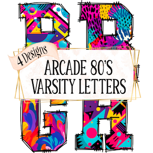 Lettres universitaires de Doodle, alphabet, police, sublimation, PNG, clipart, rétro des années 80, arc-en-ciel lumineux, art abstrait,