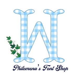 Puede incluir: Una letra W de gingham azul y blanco con una enredadera de hiedra verde a la izquierda. El texto "Philomena's Font Shop" está debajo de la letra.
