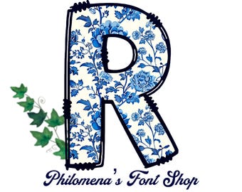 Chinoiserie Doodle Letters, Doodle Alphabet, Font,Sublimation, PNG, Clipart, Blue Floral,  Preppy Stuff, French Chinese,