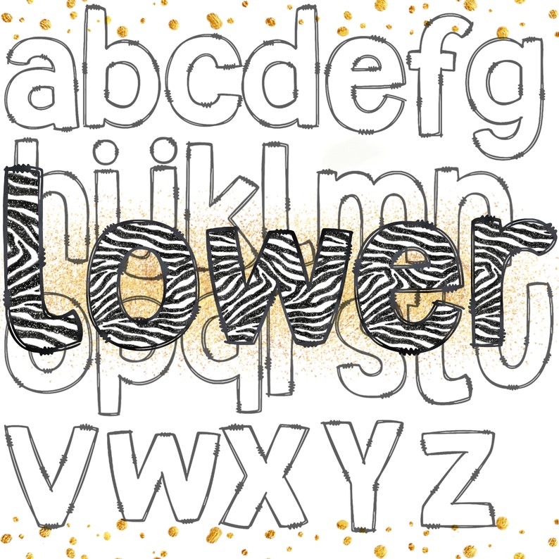May include: Black and white zebra print alphabet letters with a gold glitter background. The letters 'lower' are highlighted in zebra print.