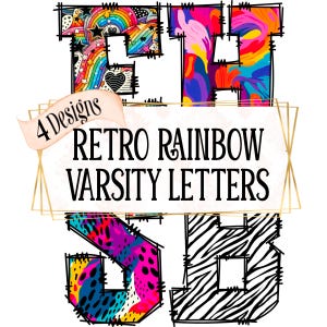 Lettres universitaires Doodle, Alphabet, police de caractères, sublimation, PNG, Clipart, rétro des années 80, arc-en-ciel lumineux, Art abstrait, impression zèbre,