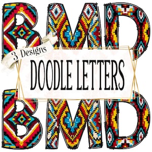 Doodle lettres, alphabet Doodle, police de caractères, PNG, clipart, sublimation, cow-girl, western, sud-ouest, amérindien, crochet, trucs BCBG,