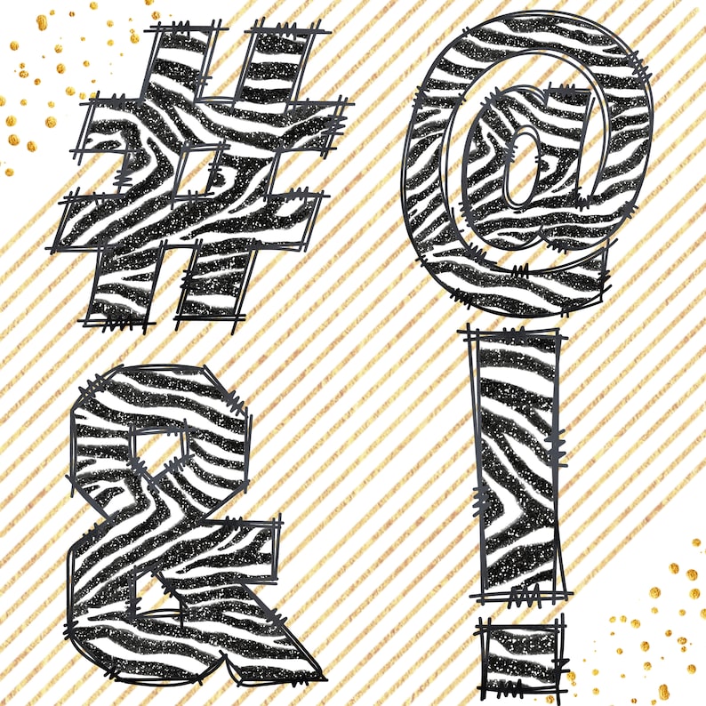 May include: Black and white zebra print font design with the symbols #, @, &, and ! on a gold striped background.
