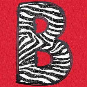 May include: A black and white zebra print letter B with a glittery texture. The letter is on a red background.