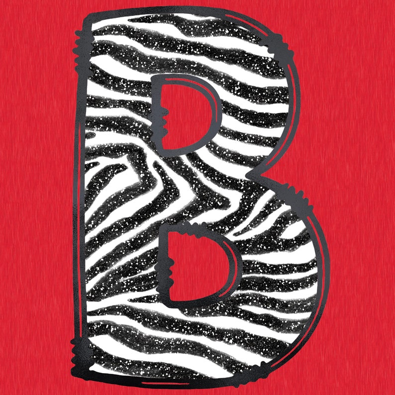 May include: A black and white zebra print letter B with a glittery texture. The letter is on a red background.