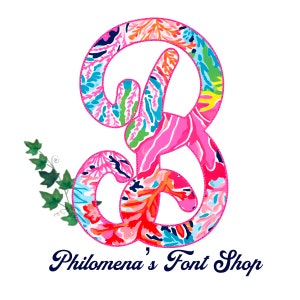 Puede incluir: Una letra "B" colorida y estampada en rosa, coral, azul y verde, con un borde decorativo. El texto "Philomena's Font Shop" está escrito en una fuente azul oscuro debajo de la letra. Una vid verde con hojas está a la izquierda.