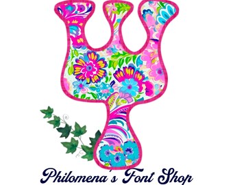 Puede incluir: Una letra "Y" rosa con estampado floral y una enredadera de hiedra verde a la izquierda y el texto "Philomena's Font Shop" debajo.