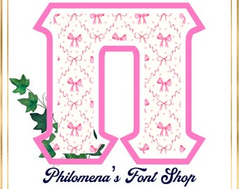 Lettere greche Coquette, Sorority, Font, Clipart, Merchandising universitario, PNG, Roba da preppy, Regalo della confraternita, Fiocchi rosa,