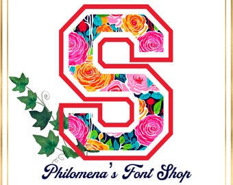 Roses Varsity Font,Varsity letters, Alphabet, PNG, Sublimation, Clipart, College Merch, Preppy Stuff, Sorority Gift,  Pink, Coquette,