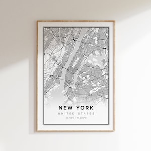 New York Karte, moderne Dekoration, Reisegeschenke, Landkarten, schwarz weiß, Minimalistische Karte, Karte von New York, druckbare Karte, Sofort Download