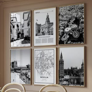 Spanien Set von 6 Schwarz Weiß Digitaldruck,Seville Gallery,Reisen Karte Foto Poster, moderne druckbare Kunst, Fernweh trendiges Geschenk,Trip