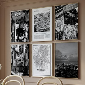 Lot de 6 impressions numériques noir et blanc de Medellin, galerie moderne de Colombie, affiche photo de carte de voyage, oeuvre d'art imprimable, cadeau tendance envie de voyager