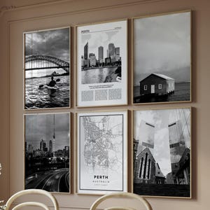 Perth, Australia - Juego de 6 impresiones digitales en blanco y negro, galería minimalista, póster fotográfico con mapa de viaje, arte imprimible, regalo para viajeros.
