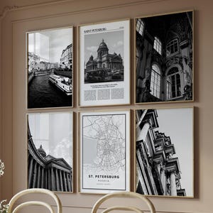 Conjunto de 6 impresiones digitales en blanco y negro de San Petersburgo, galería de Rusia, póster fotográfico con mapa de viaje, arte imprimible moderno, regalo para viajeros.