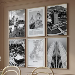 Puede incluir: Un conjunto de seis fotografías en blanco y negro enmarcadas en madera. Las fotos representan diversas escenas de Quito, Ecuador, incluyendo una iglesia, un árbol, un edificio y un monumento.