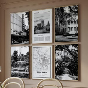 Ensemble de 6 impressions numériques en noir et blanc de Savannah, galerie minimaliste, affiche photo de carte de voyage, oeuvre d'art imprimable, cadeau envie de voyager, famille
