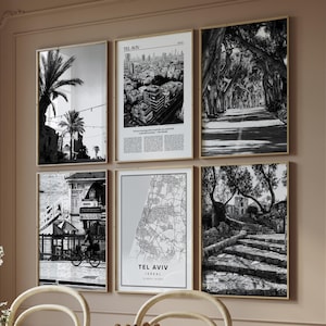 Lot de 6 impressions numériques noir et blanc à Tel-Aviv, galerie de décoration intérieure, affiche photo de carte de voyage, oeuvre d'art imprimable, cadeau envie de voyager, voyage en Israël