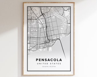 May include: A black and white map print of Pensacola, Florida, United States. The map shows the city streets and waterways. The text below the map reads "Pensacola, United States, 30.421°N / 87.217°W".