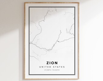 May include: A black and white map print of Zion National Park in Utah, United States. The print is framed in a light wood frame and has the text "ZION, UNITED STATES, 37.298°N / 113.026°W" at the bottom.