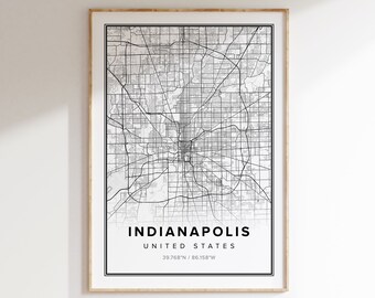 Impresión artística del mapa de Indianápolis: Decoración minimalista moderna en blanco y negro (descarga digital)