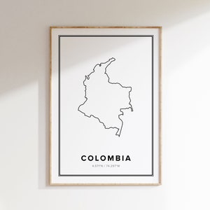 コロンビアのアート、コロンビアの地図、コロンビアのプリント、モダンな室内装飾、旅行ギフト、地図、白黒、ミニマリストの地図、コロンビアのアートプリント