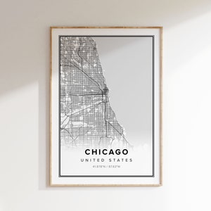 Carte de Chicago, impression de Chicago, art mural de Chicago, décoration d'intérieur moderne, cadeaux de voyage, cartes, noir et blanc, carte de Chicago, carte minimaliste, États-Unis