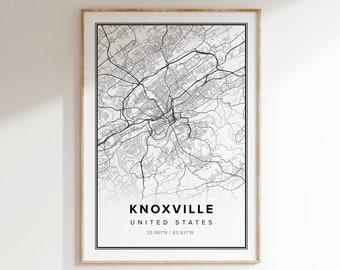 May include: Black and white line art map print of Knoxville, Tennessee, United States. The map shows the city streets and includes the text "Knoxville, United States, 35.961°N / 83.921°W".