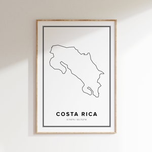 Carte du Costa Rica, décoration d'intérieur moderne, cadeaux de voyage, cartes, noir et blanc, carte minimaliste, carte du Costa Rica, carte imprimable