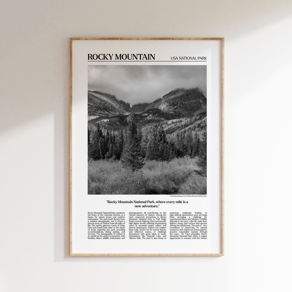 Rocky Mountain National Park Poster, Newspaper Style, Black And White Print, Printable Wall Art, CO Photo, Rocky Mountain Editorial Print