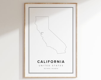 May include: A black and white line art print of the state of California with the text "CALIFORNIA UNITED STATES 36.778°N / 119.418°W" below the map.