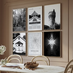 Conjunto de 6 impressões digitais em preto e branco de Bangalore, galeria de fotos da Índia, pôsteres de fotos de mapas de viagem, arte para impressão, presente Wanderlust