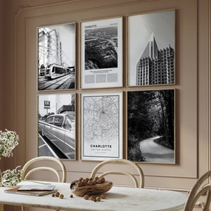 Charlotte Set of 6 Black and White Digital Print, North Carolina Photos Gallery, Travel Map Photo Posters, Printable Art, Wanderlust Gift