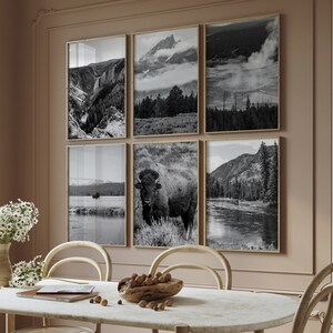 May include: A set of six black and white framed photographs of various landscapes, including mountains, rivers, and forests. The frames are all the same size and shape, and they are arranged in a grid pattern on a wall.