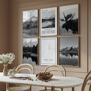 Ensemble de 6 galeries du parc national de Grand Teton, impression numérique noir et blanc, galerie de photos, affiches de voyage, affiches de carte, ensemble de galeries, art mural
