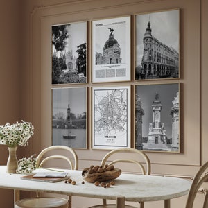 Madrid 6-er Set, Schwarzweiß Digitaldruck, Fotogalerie, Reiseposter, Karte Poster, Galerieset Spanien, druckbare Wandkunst
