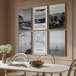 Dana Point set van 6 zwart-wit digitale print, fotogalerij, reisposters, kaartposter, galerijset Californië, afdrukbare muurkunst