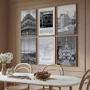 Conjunto de 6 impresiones digitales en blanco y negro de Nueva Orleans, galería de fotografías, carteles de viaje, carteles de mapas, conjunto de galería, arte de pared imprimible.