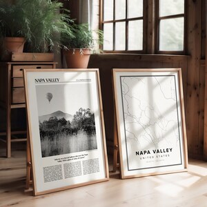 Reizen poster set van 2 prints, Napa Valley poster, echte foto, zwart-wit, kaart Napa Valley, foto van Napa Valley, Napa Valley Art, VS