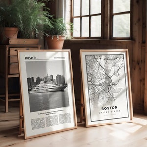 Conjunto de pôsteres de viagem com 2 impressões, pôster de Boston, impressão de Boston, mapa de Boston, mapa de Boston, foto de Boston, arte de parede de Boston, arte de Boston, Boston