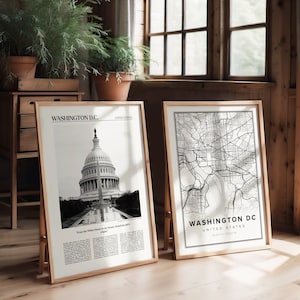 Lot de 2 tirages d'affiches de voyage, affiche de Washington DC, vraie photo, noir et blanc, carte de Washington DC, Photo de Washington DC, Washington DC