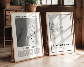 Travel Poster Set of 2 Prints, Virginia Beach Art, Virginia Beach Poster, Virginia Beach Print, Virginia Beach Map, Virginia Beach Photo