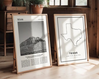 Travel Poster Set of 2 Prints, Texas Art, Texas Poster, Texas Print, Texas Map, Texas Photo, Travel Gift, State, USA