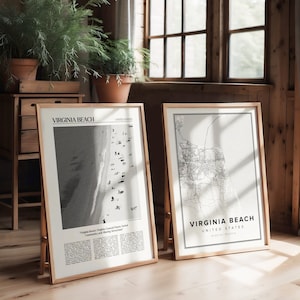 Conjunto de pôsteres de viagem com 2 impressões, arte de Virginia Beach, pôster de Virginia Beach, impressão de Virginia Beach, mapa de Virginia Beach, foto de Virginia Beach
