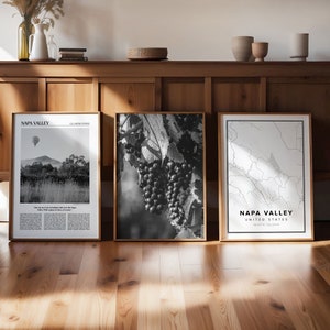 Napa Valley Art Print, set van 3, Napa Valley Gallery kunst aan de muur, Napa Valley poster, reisdecor, Napa Valley kaart, Wanderlust, Napa Valley