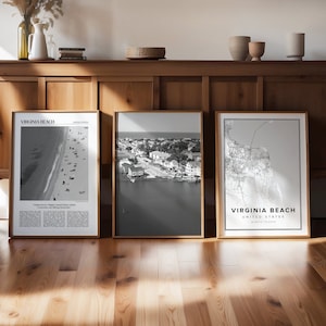 Conjunto de 3 impressões artísticas de Virginia Beach, arte de parede da galeria de Virginia Beach, pôster de Virginia Beach, decoração de viagem, mapa de Virginia Beach, Virginia Beach